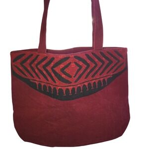 Handmade Boho Tribal Tote Bag‎ - Burgundy Appliqué Canvas Shoulder Bag - Ethnic